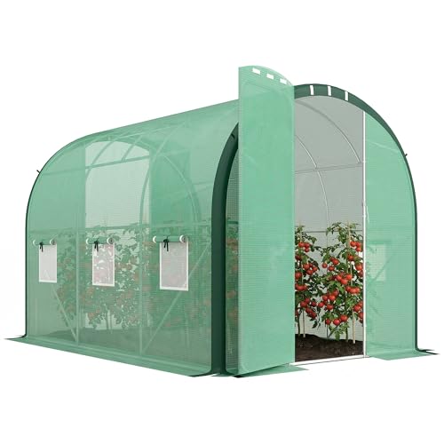 Outsunny 3 x 2 m Walk-in Polytunnel Greenhouse with Upgraded Structure, 2 Hinged Doors, 6 Mesh Windows, Tunnel Warm House Tent with UV-resistant PE Cover, Green