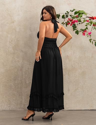 Women's Summer Sundress Sleeveless Halter V Neck Boho Floral Maxi Dress Elastic Waist Ruffle Spring Vacation Outfits4