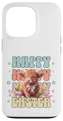 Happy Easter Scottish Highland Cow Cute Heifer Cow Farm Carcasa para iPhone 13 Pro