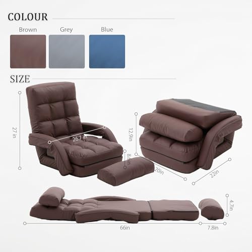 Image of Floor Chair for Adults with Back Support, 14-Position Adjustable Floor Sofa with Pillow & Armrests, Faux Leather Floor Lounger Chair for Gaming, Reading & Living Room (Brown)