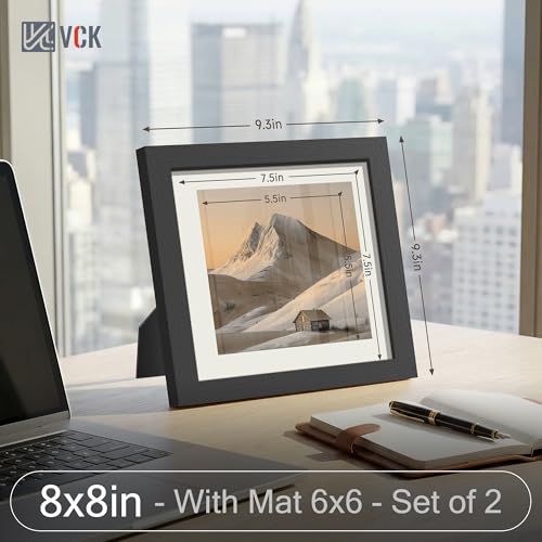 Image of VCK 8x8 Picture Frame 2 Pack, Black Wood, 6x6 Mat, Glass, for Photo Print