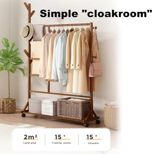 Appendiabiti in Legno di bambù con Ruote, 3 in 1, Autoportante, Ideale per Appendere Vestiti in Camera da Letto, Ingresso E Come Ripostiglio per Cappotti.,Wood Color-70CM