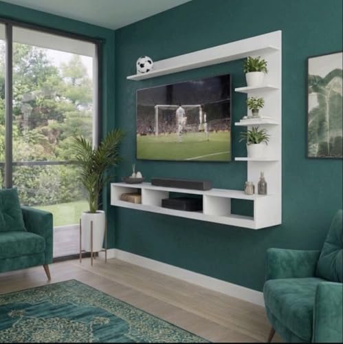 Image of Bros Moon Wall Mounted TV Cabinet, L-Shape, Choco White, MDF, Modern Style, Laminated Finish, for Living Room, Suits TV up to 55 Inches (Frosty White, C Style 48 Inches Base)