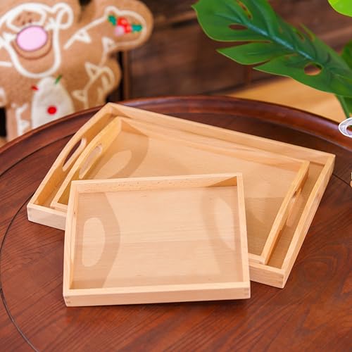 penepico Premium Montessori Wooden Trays Set of 3- Solid Beechwood Wooden Working Trays with Handles for Classroom, Kids Dining & Toy Storage, Toddler Learning Tools, Sensory Bins & Home Organization