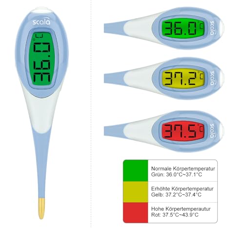 scala SC 2050 Digitales Fieberthermometer – großes, leuchtendes LCD mit Farb-Alarm (grün/gelb/rot) – flexible nickelfreie Spitze, wasserdicht,...