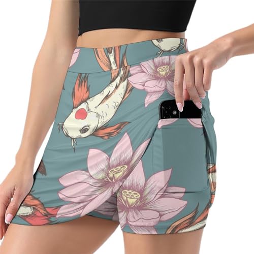 Jupe de tennis imprimé poisson rouge fleuri pour femme avec short intégré et poche pratique