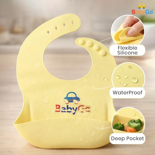 Image of BabyGo Silicone Bib for Feeding & Weaning | Adjustable Neckline with Buttons | BPA Free | Waterproof | Washable & Reusable | 0-24 Months | Soft, Mess Proof Baby Feeding Bib | Yellow | Pack Of 1