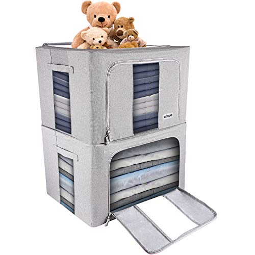 WONLIFE Folding Storage Box,Storage Bins for Clothes,Collapsible Container/Handle,Foldable Storage Bin,Closet Storage Bag,Stackable Bin Box,Steel Frame Storage Box,Clear Window,Zipper,(2-Pack,Gray,L)