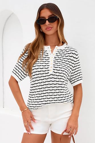 Image of PRETTYGARDEN Womens Knit Summer Tops Button Short Sleeve Sweater Casual Crewneck Chevron Henley Shirts Dressy Work Blouses