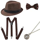 BABEYOND 1920s Herren Accessoires Mafia Gatsby Kostüm Set inklusive Panama Gangster Hut Verstellbar Elastisch Hosenträger Herren Halsschleife Fliege Taschenuhr Braun