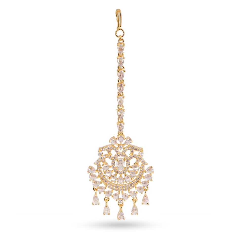CZ Chandbali Style Gold Plated Maang Tikka American Diamond Ad Studded Head Jewelry for Women and Girls Bridal Mangtika for Wedding Traditional-image-22