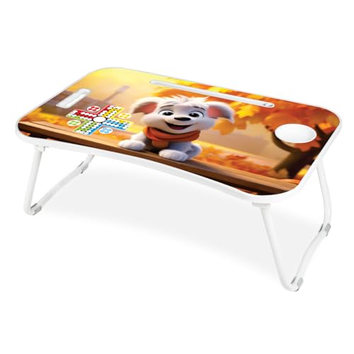 Image of Amazon Brand - Jam & Honey Foldable Laptop Table with Cup Holder & iPad Holder | with Ludo Dice and Pawns | Work Desk Accessories for Reading, Studying | Cute Dog | Engineered Wood, 60.6cm, 38.7cm