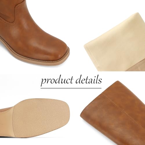 Image of DOEYG Women's Banana Knee High Boots Square Toe Chunky Block Heel Tall Boots Wide Calf Fashion Comfortable Casual Pull on Long Boots