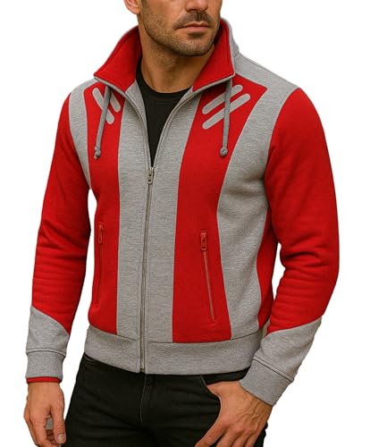 Men's Fleece Varsity Red Bomber Outerwear Jacket - Grey & Red Cosplay Bomber Jacket Men
