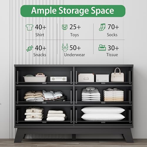 Image of Xixini Fluted Dresser for Bedroom with 6 Drawers, 48 inch Wide Wooden Chest of Drawers with Metal Handle, Modern Dresser TV Stand, Wood Closet Clothes Storage Organizer for Living Room, Hallway, Black