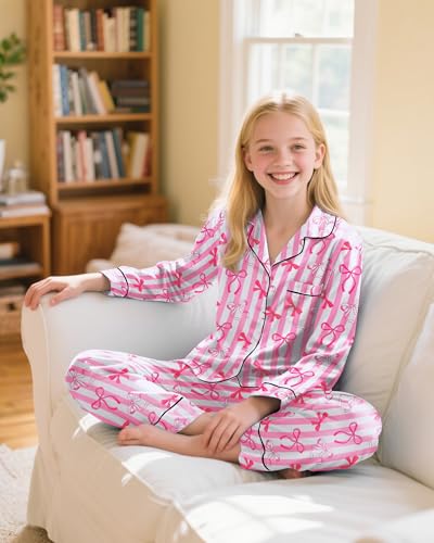 Nidoul Girls Pajamas Satin Pajama Set Silky Bow Pjs Long Sleeve Button Down Sleepwear Loungewear Sets for Big Kids 7-14Y4