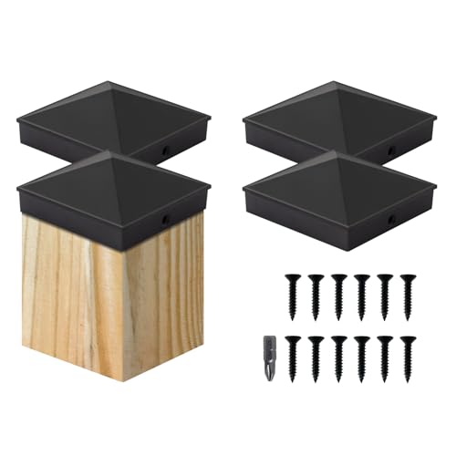 Image of VIVIDA 4x4 Aluminum Post Caps(Actual 3.5 inch x 3.5 inch), Black Metal Fence Post Caps with Waterproof Matte Powder Coated, for Wooden Fence, Deck, Mailbox, Patio, Screw & Driver Bit Included, 4 Pack