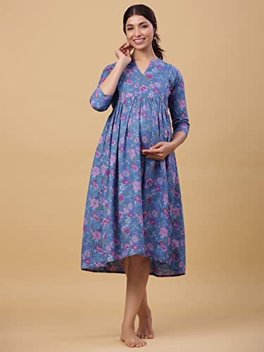 Image of Pre & Post Maternity /Nursing Wear Hand Printed Kurta Cum Midi Dress /Nighty with Both Sides Zipper for Easy Feeding for to Be Moms & Nursing Mothers � Pure Cotton Blue Pink
