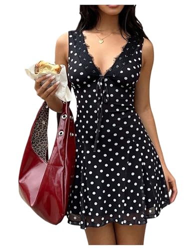 SOLY HUX Womens Polka Dots Mini Dress Lace Trim V Neck Sleeveless A Line Flowy Party Going Out Dresses Black Polka Dots Medium