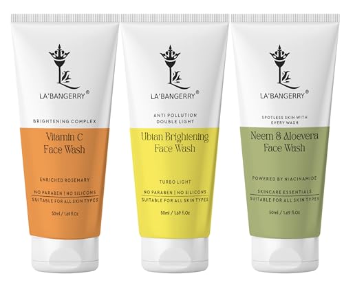 Image of LA'BANGERRY Vitamin C + Ubtan + Neem Aloe Vera Face Wash Combo | Brightening & Deep Cleansing | Reduces Dark Spots & Blemishes | 50mlx3 (150ml)