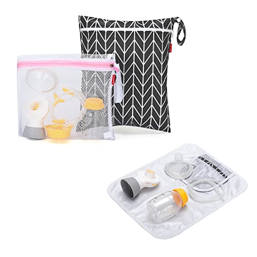 Image of Damero Breast Pump Parts Bag, Wet Dry Breast Pump Parts Bag, Pumping Bag with Waterproof Mat and Mesh Bag, Black Arrow