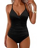 Hilor Slimming Bathing Suit for Women Retro One Piece Swimsuits Ruched Tummy Control Swimwear Slimming Push Up Monokini Black 10