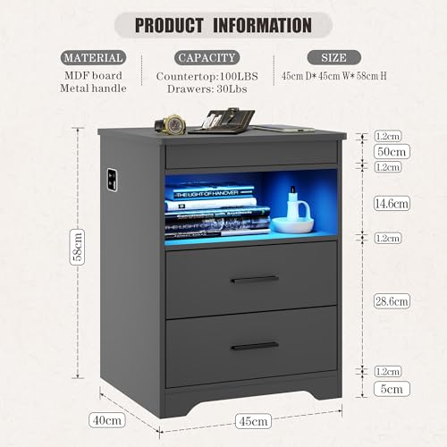 Image of LED Night Stand with Gun Drawer, Bedside Table with Charger Station & Human Sensor Light, Modern End Table with Drawers for Bedroom Office, Grey