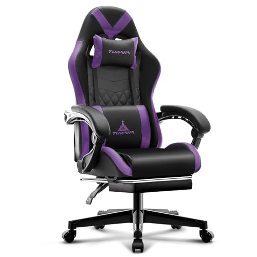 Gaming Chair,Ergonomic Massage Computer Office Desk Chair with Footrest,Pocket Spring Cushion,Reclining Leather Adjustable Gamer Chair with Headrest and Lumbar Support,Purple