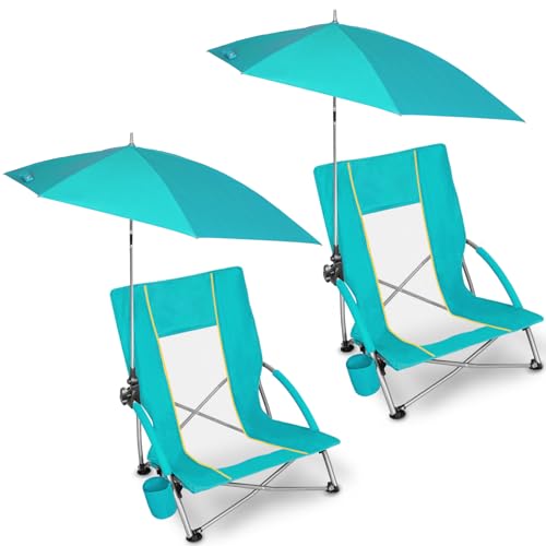 Romswi Beach Chair with Umbrella 2PK, Folding Low Beach Chairs for Adults with Adjustable Parasol, Cup Holder, Breathable Backrest, Comfortable Armrests, Lightweight for Beach & Camping, Green