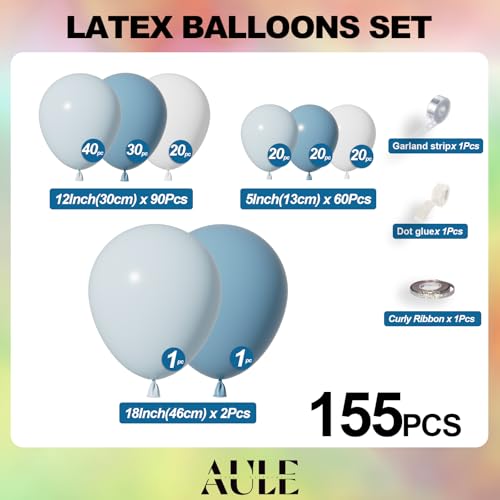 Image of AULE 155Pcs Dusty Blue Balloon Arch Kit White Balloons | Macaron Blue Balloon Garland for Birthday Graduation Anniversary Gender Reveal Shower Theme Party Decoration