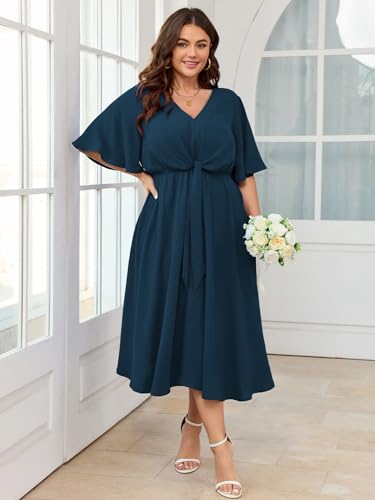 Image of SCOMCHIC Women Plus Size Midi Dresses Wedding Guest Short Sleeve V Neck Tie Waist Casual Summer Flowy A Line Dress