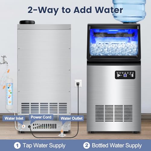 Image of Commercial Ice Maker Machine Dual Water Inlet Options, 140LBS /24H, Freestanding Under Counter Ice Maker with Smart LCD, Self-Cleaning, Quiet for Home, Bar, Restaurant, Support 5-Gallon Bottle Water