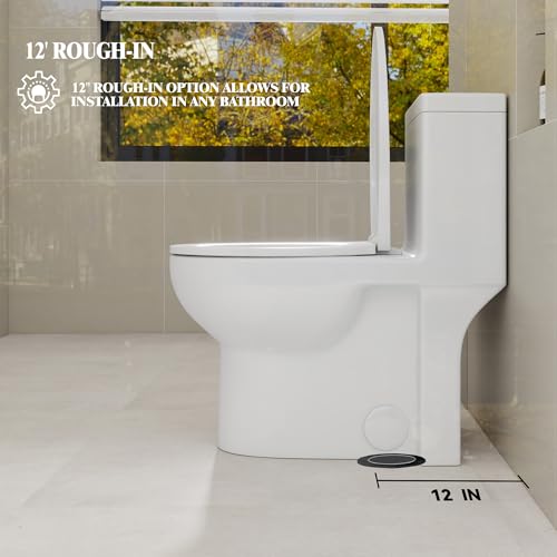 Inodoro compacto de una pieza alargado, altura cómoda ADA de 17 pulgadas, doble descarga de alta eficiencia 1,28 GPF, conexión de 12 pulgadas, blanco brillante miniatura 3