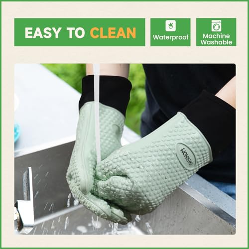 Image of GEEKHOM BBQ Gloves Heat Resistant Oven Mitts - Silicone Grilling Gloves with 13.7 inch Arm Protection - Waterproof Pot Holder Non-Slip for Men & Women, Kitchen Outdoor Cooking, Baking, Camping, Mint Green