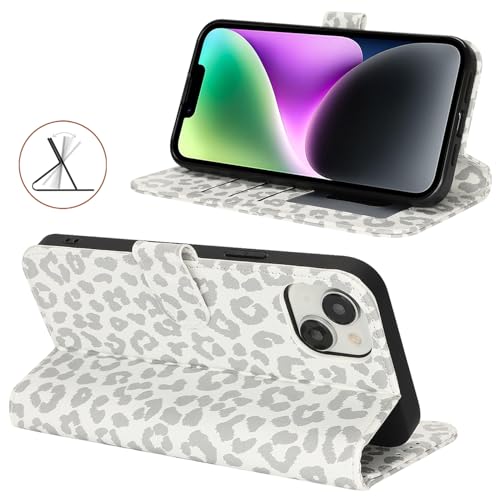 Image of for iPhone 14 Case Wallet with Card Holder,for iPhone 13 Wallet Case for Women Men,PU Leather Shockproof Magnetic Buckle Stand Flip Phone Case-White Leopard