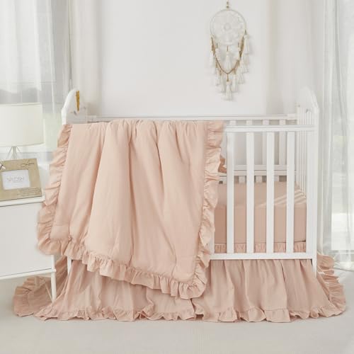 Image of Brandream Boho Bohemian Girl Baby Nursery Crib Bed Skirt Dust Ruffle - Neutral Solid Color Blush Farmhouse Chic 100% Washed Cotton Ruffle