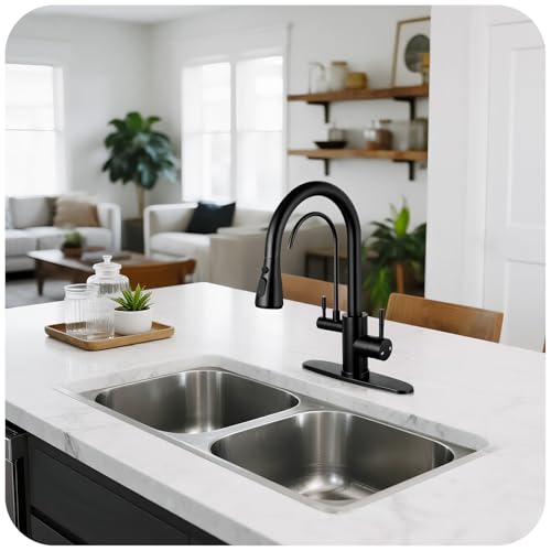 Image of Kitchen Faucets with Water Filter - Matte Black 2 in 1 2-Handle Kitchen Faucet with Pull Down Sprayer, High Arc Stainless Steel Pull Out Kitchen Sink Faucet with Deck for 1 or 3 Hole
