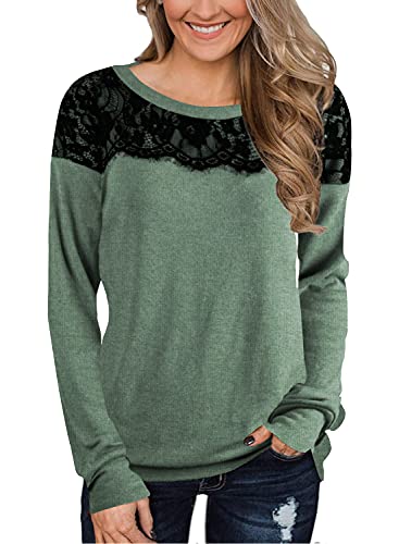 Ranphee Camisetas de Mujer Sudaderas Manga Larga Blusas de Encaje Tops Camiseta de Mujer de Cuello Redondo Verde Militar 2XL Cover