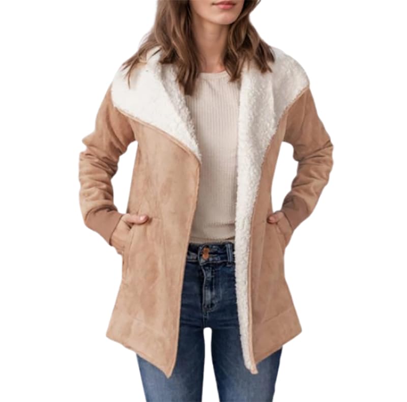 Women Winter Coat Open Front Sherpa Lined Jacket Faux Suede Fleece Long Sleeve Lapel Coat Outwear with Pocket