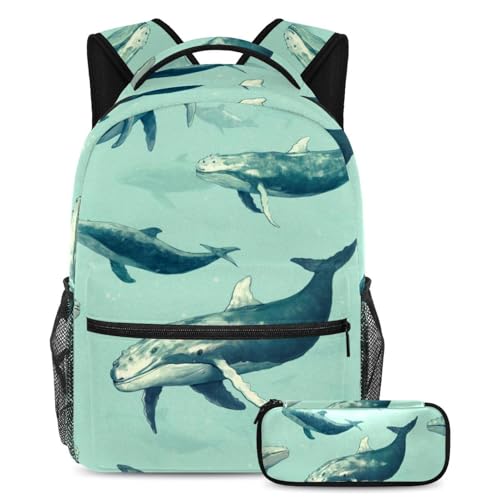 Cartable baleines bleues grand format avec trousse scolaire pour garçons et filles