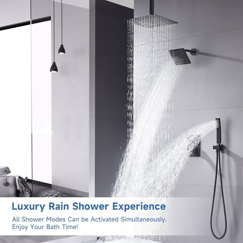 Sistema de ducha con doble cabezal tipo lluvia, set de grifería con botón pulsador, cabezal de ducha de 12" para instalación en techo y cabezal de 6" para pared, válvula de balance de presión (Negro Mate) miniatura 2