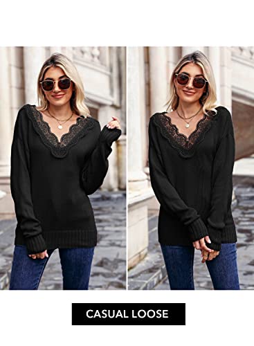 Dorose Womens Lace Tops Sexy Casual Long Sleeve Pullover Sweater Black Medium #TOP6