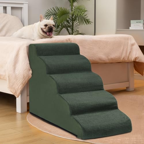Image of Aodisman Dog Stairs for High Bed,5-Step Pet Ramp for Small Dogs and Cats | 22.2 inch H Dog Steps for Bed with High-Density Foam, Help Olders,Short-Legged Dogs,Puppy and Cats Get on Beds Easily,Grey,Green