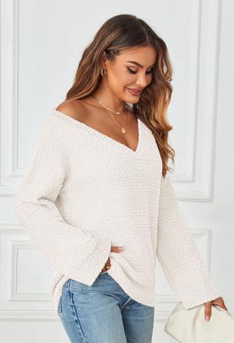 MEROKEETY Sweaters for Women Fall 2025 V Neck Oversized Cozy Chunky Knit Long Sleeve Fuzzy Fleece Pullover Winter Outfits3