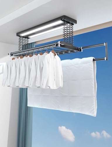 Ceiling Clothes Dryer Aluminium and Steel Electric Clothes Dryer with Remote Control,Folding Clothes Drying Rack with Electric Heater Fan, Heavy Duty 35kg Capacity, Space Saving Design for I