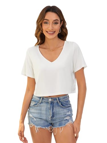 Verdusa Women's Solid V Neck Crop T Shirt Top Causal Short Sleeve Tee Top