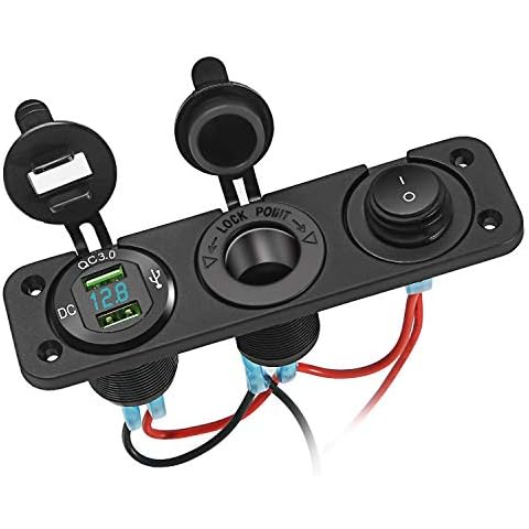 RUPSE Dual QC 3.0 Car Charger Socket Cigarette Lighter Outlet Splitter 12V/24V Dual USB Fast Charger Socket Power Outlet with LED Voltmeter for Car, Marine, Boat, Motorcycle, Truck, ATV, RV Cover