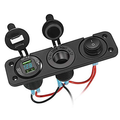 Rupse Dual Quick Charge 3.0 Auto USB Steckdose, wasserdichte KFZ ladegerät Schnellladung mit LED Digital Voltmeter + Zigarettenanzünder + Einbau Buchse für KFZ Boot Motorrad SUV LKW Wohnwagen Marine