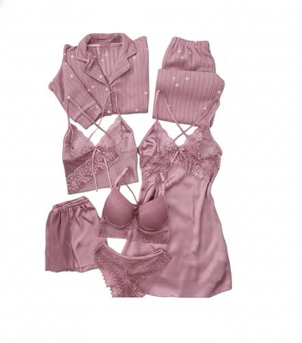 Image of Valentine's Day Fancy Night Suit Bath Robe Dress Bra Panty Set Combo for Women's Pack of 7 Pcs Nightwear Lingerie Silk Wedding Set Gifts Lace Nightsuit Set (Free Size) Lingerie Pink