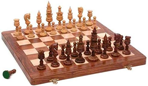 Song of India Hand Carved 32 Piece Chess Set with 16" x 16" Folding Wood Board
